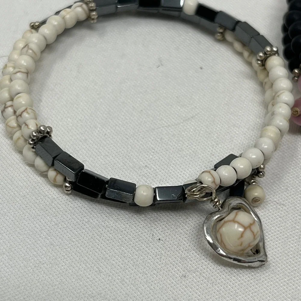 Set of 2 Beaded Heart Charm Wrap Bracelets Pink Black White Howlite Hematite Sty